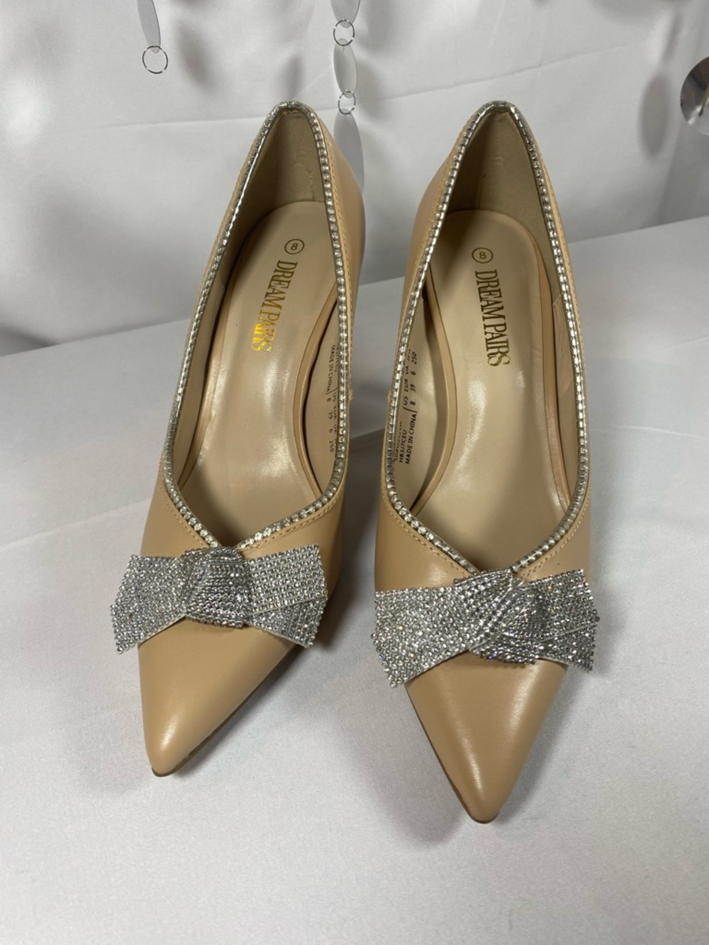 Dream Pairs Beige Pointed Toe Pumps with Crystal Bow